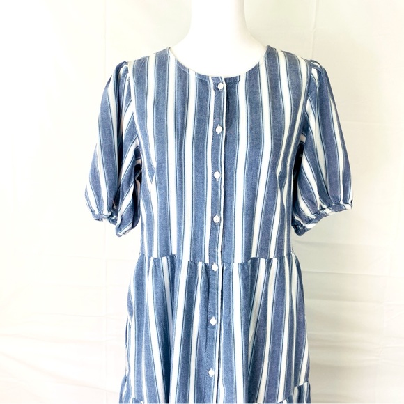 Old Navy Puff-Sleeve Tiered Midi Swing Dress in Blue Striped Small S Pockets - Picture 4 of 15